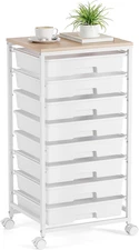8-Drawer Storage Cart with White Drawers and Wooden Top for Classroom Use