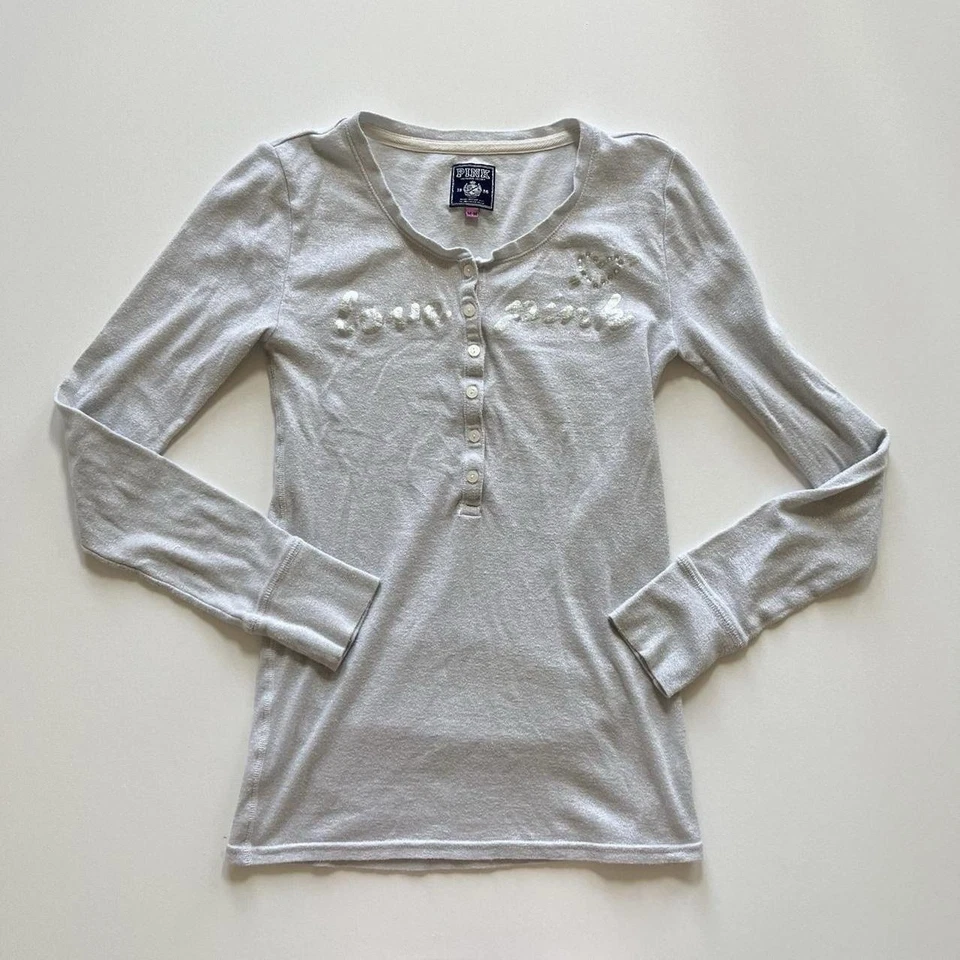 Y2K 2000s Fitted Henley Long Sleeve Top Victoria's Secret PINK Vintage Size M - Image 3 of 4