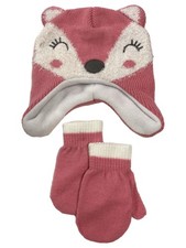 Infant Girls Cozy Pink Fox Trapper Hat  Mittens Set 9M-18M