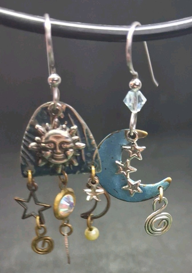 Eclectic Mismatched Celestial Dangle Earrings Sun… - image 7