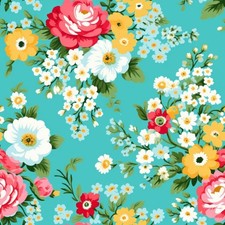 45-inc Vintage Floral Cotton Quilter's Fabric By the Yardl Auqa, Yellow White 94