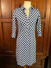 Talbots Petite Dress White Blue Geometric Lknw 3/4 Sleeve Knee Length Slim Gorge