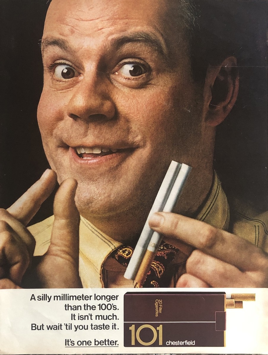 1968 Chesterfield 101 Cigarettes PRINT AD Silly Millimeter Longer VTG 1960s