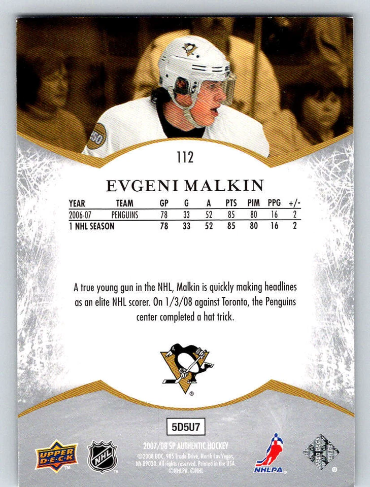 2007-08 SP Authentic #112 Evgeni Malkin NOT 1999 (ref 192911) - Image 2 of 2