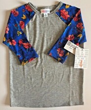 NWT LuLaRoe Kids' SLOAN Size 4 BASEBALL TEE Grey with BLUE Aztec FLORAL Sleeves