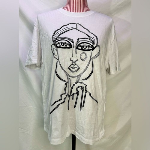 Zara Funky Artsy Black White Embroidered Stitched Girl’s Face T-Shirt Size Large