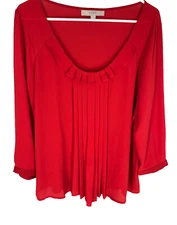 ANN TAYLOR LOFT Blouse L Red Pleat Detail Old Money Quiet Luxury Preppy Business