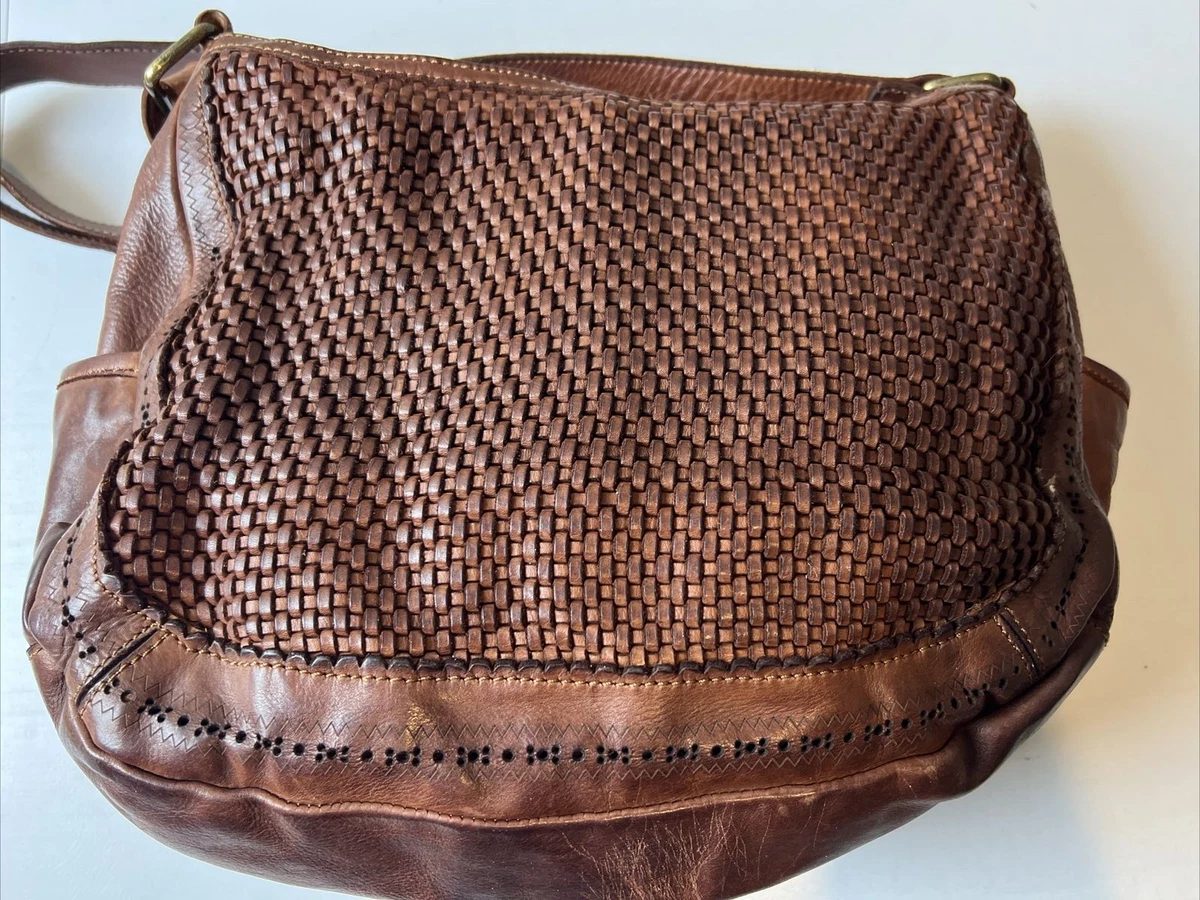 KOMPANERO Italian Woven Cognac Leather Tote Bag CROSSBODY