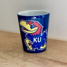 Vintage KU Jayhawk Jigger Ceramic Shot Glass University of Kansas Mascot 2” Tall