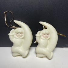 2 Vintage Porcelain Angel On Crescent Moon Christmas Ornament 3" READ