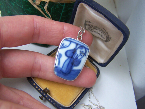 VINTAGE 925 SOLID STERLING SILVER PORCELAIN PENDANT 18" 46CM CHAIN NECKLACE - Picture 3 of 14