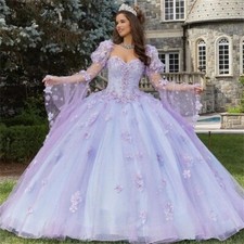 Lilac Quinceanera Dresses Sweetheart Flare Sleeve Sweet 16 Prom Gown 3D Flower
