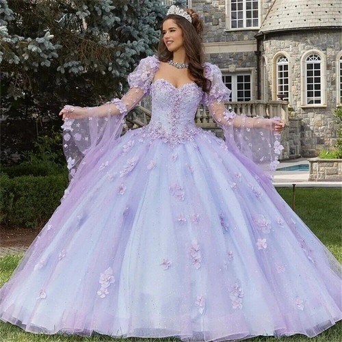 Flieder Quinceanera Kleider Herzausschnitt Schlagärmel süß 16 Ballkleid 3D Blume