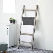 Gray Wood Wall Leaning Blanket Ladder Holder Towel with 5 Rungs, Towel Rack