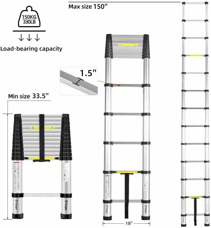 Yvan Telescoping Ladder 12.5 FT One Button Retraction Aluminum
