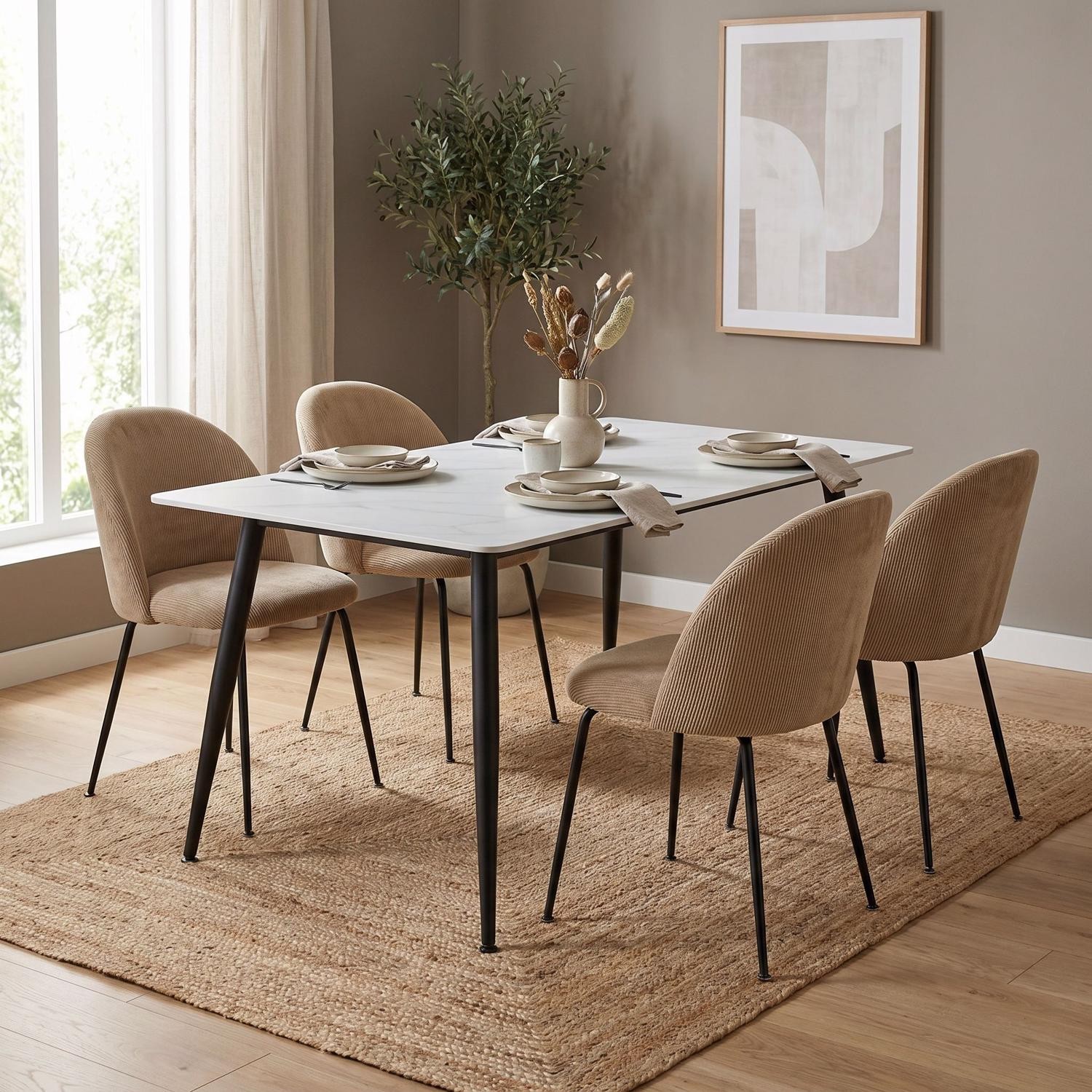 Monaco White Sintered Stone 5 Piece Dining Table Set Upholstered Dining Chairs