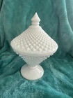 Vintage Milk Glass Hobnail Covered Candy Dish Pedestal Compote 8” EUC