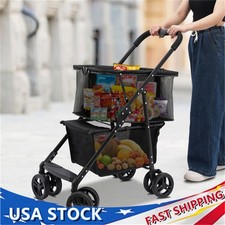 Folding Shopping Cart w/Wheels Collapsible Cart with Storage Crate 2-Layer Black