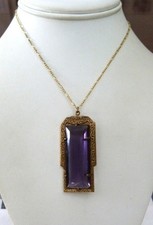 CZECH VINTAGE ART DECO FACETED PURPLE GLASS ENGRAVED PENDANT CHAIN NECKLACE