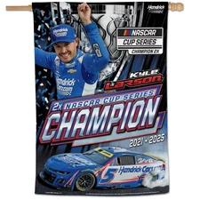 Kyle Larson 2025 NASCAR 2X Champion Vertical 28x40 Inch Flag Preorder - Ships