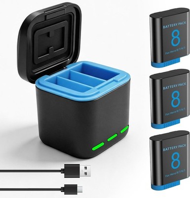 3er Pack Hero 8 Akku + 3-Port Ladegerät kompatibel mit GoPro Hero 8/7/6