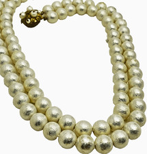 Vintage Bib Necklace 2 Strand Beads Textured Pearl Finish Fancy Box Clasp 22 In