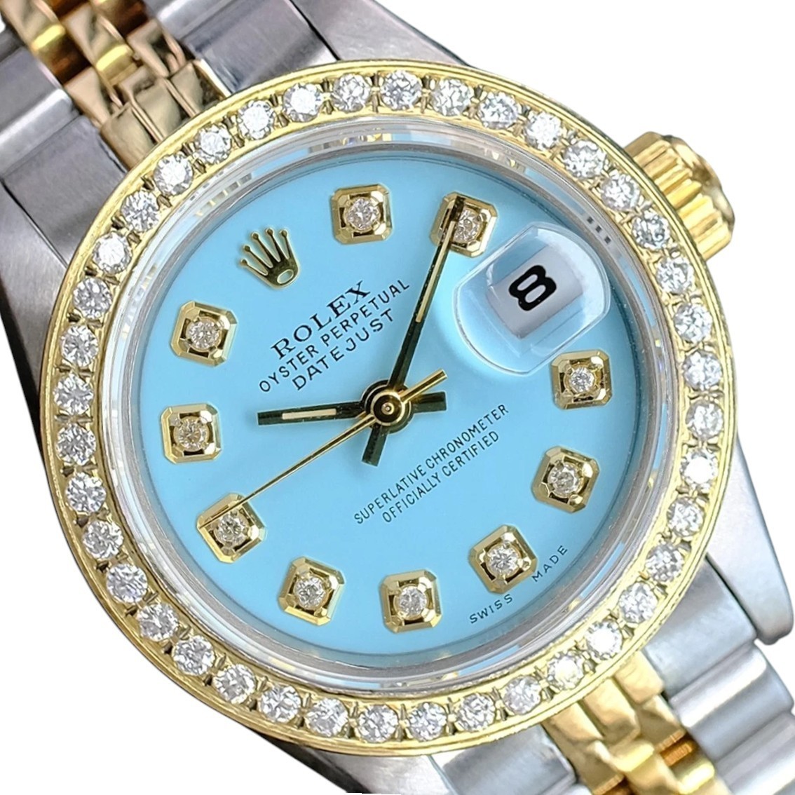 Rolex Datejust 69173 TwoTone 18KY Gold & SS Baby Blue Diamond Dial & Bezel Watch