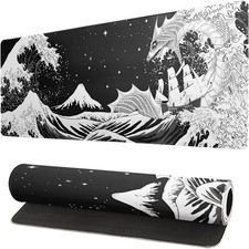 Black and White Japanese Wave Dragon Gaming Mouse Pad - Abstract Mat with Non-Sl