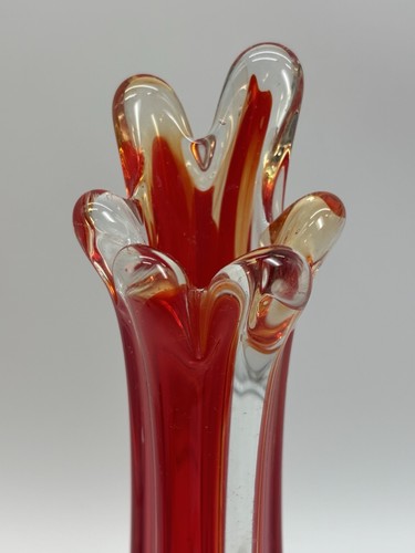 Vintage 6 Finger gerippte geschwungene Vase rot ummantelt 10 Zoll - Bild 6 von 12