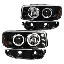 Jet Black Fits 2000-2006 Sierra Yukon Led Halo Projector Headlights+Bumper Lamps