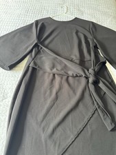 boohoo Black Solid Wrap V-Neck Midi Dress Belted Tie Bell Sleeve US 12