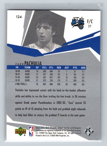 2003-04 Upper Deck Black Diamond #124 Zaza Pachulia Rookie Rc Orlando Magic C14 - Picture 2 of 2