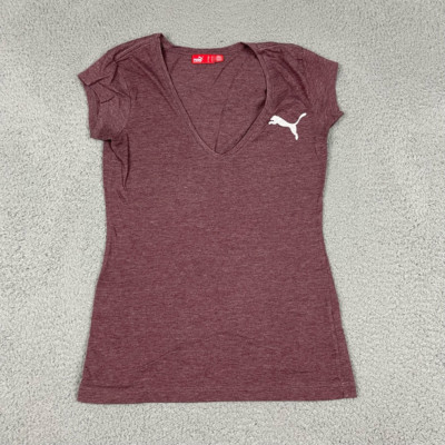 Puma Womens Shirt Top Red Heathered Short Sleeve V Neck Pullover T-shirt XS