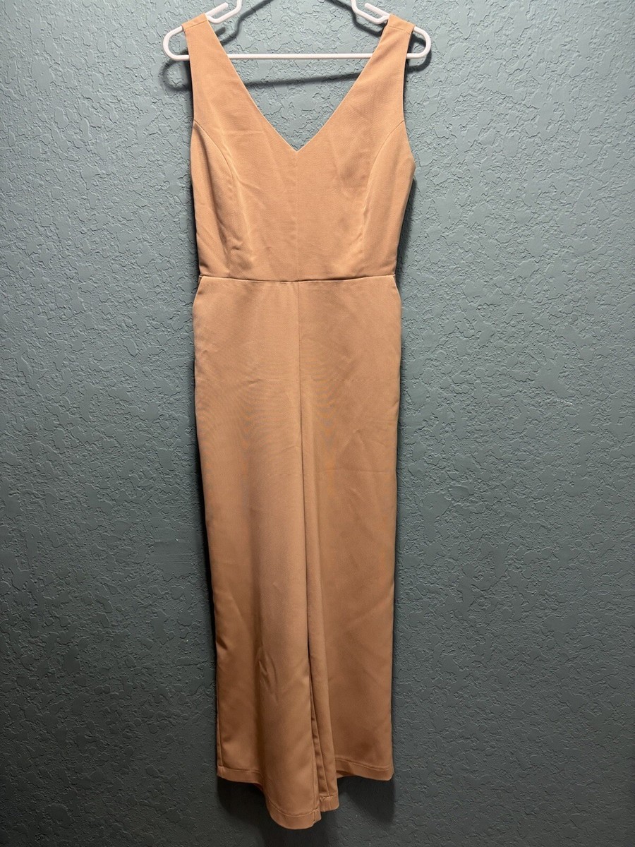 Melloday tan woman’s jumpsuit, sleeveless with exposed back, size small