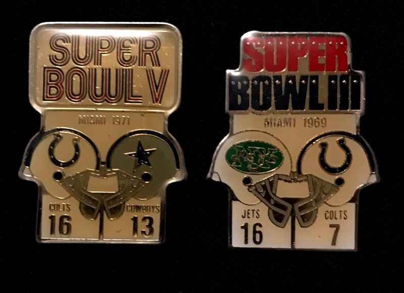 Baltimore Indianapolis Colts NFL Super Bowl III, V Starline Collector Pins, Rare
