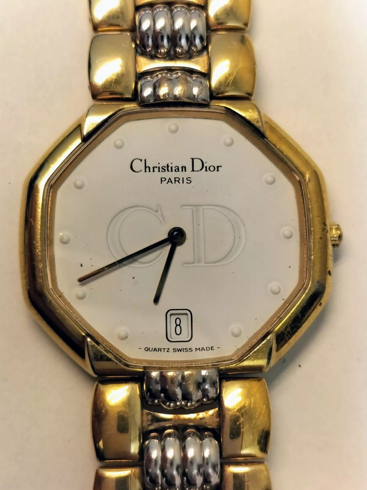 Montre Bracelet Christian Dior Octogone Quartz Femme Cadran Blanc Lunette Or Logo