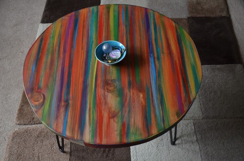 Round Wood Coffee Table Unique Tropical Sunset 16" Black Metal Hair Pin Legs - Picture 2 of 9