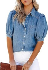 Womens Summer Puff Sleeve Denim Shirt Busines...