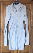 Grey ribbed cotton button gathered collar dress with thumb holes, 6 PLT