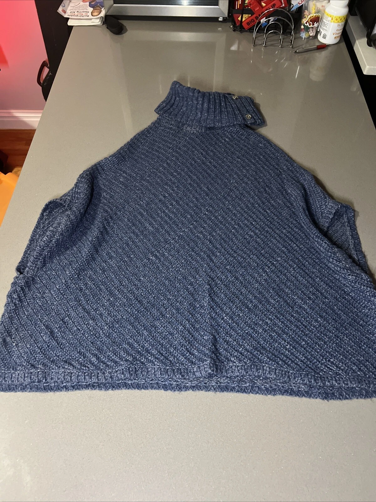 Banana Republic Sz Large Poncho Turtle neck Cape Wool Navy Blue L