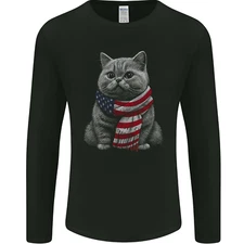 Cat in USA Scarf American Flag Mens Long Sleeve T-Shirt