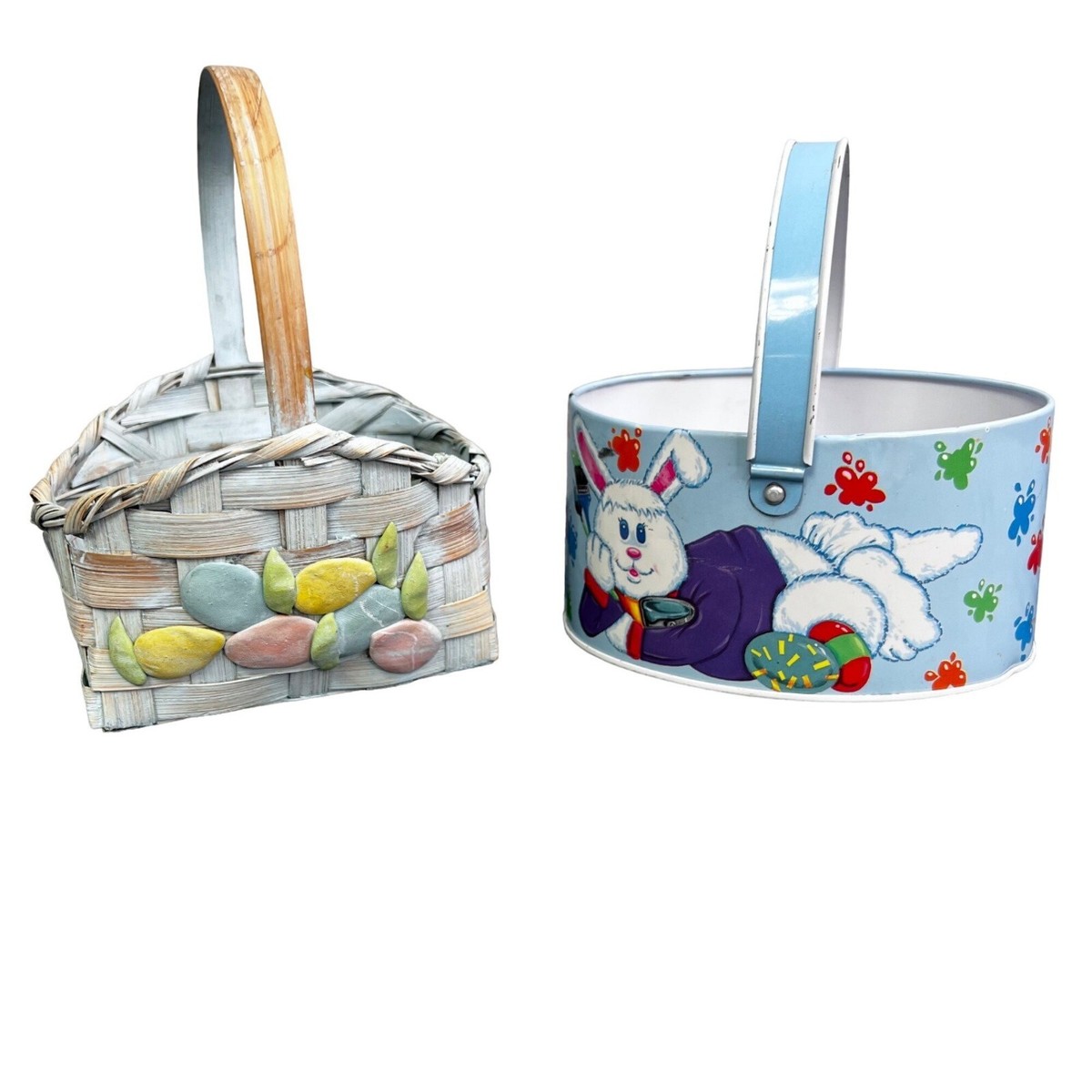 Vintage Easter Basket Lot of Small Wicker Woven Metal Bunny Blue