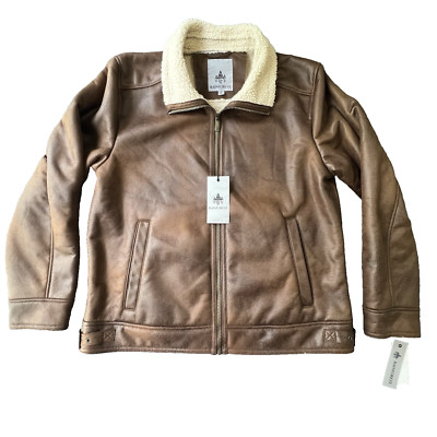 Rainforest Aviator Bomber Jacket Men's Large Brown Faux Leather Sherpa NWT $250
