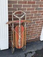Vintage Red Metal Runner Wooden Snow Sled 47 Inch Rustic Holiday Decor Farmhouse
