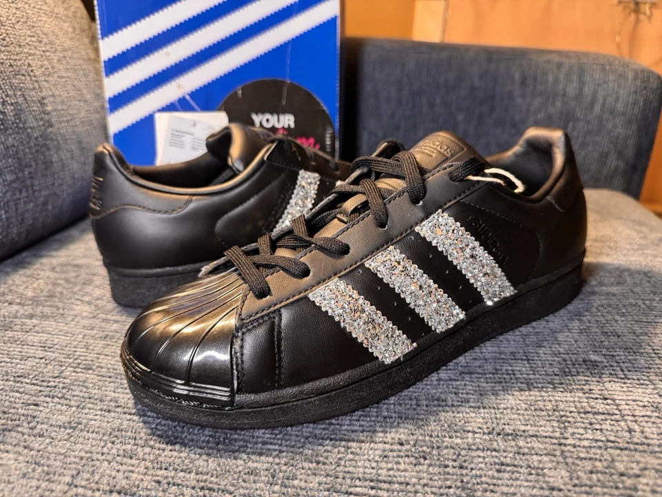 Nuevo con caja Adidas Zapatos Superstar Negros Dedos Concha Brillante Personalizados Plata Brillo Rayas Foto 2 de 4