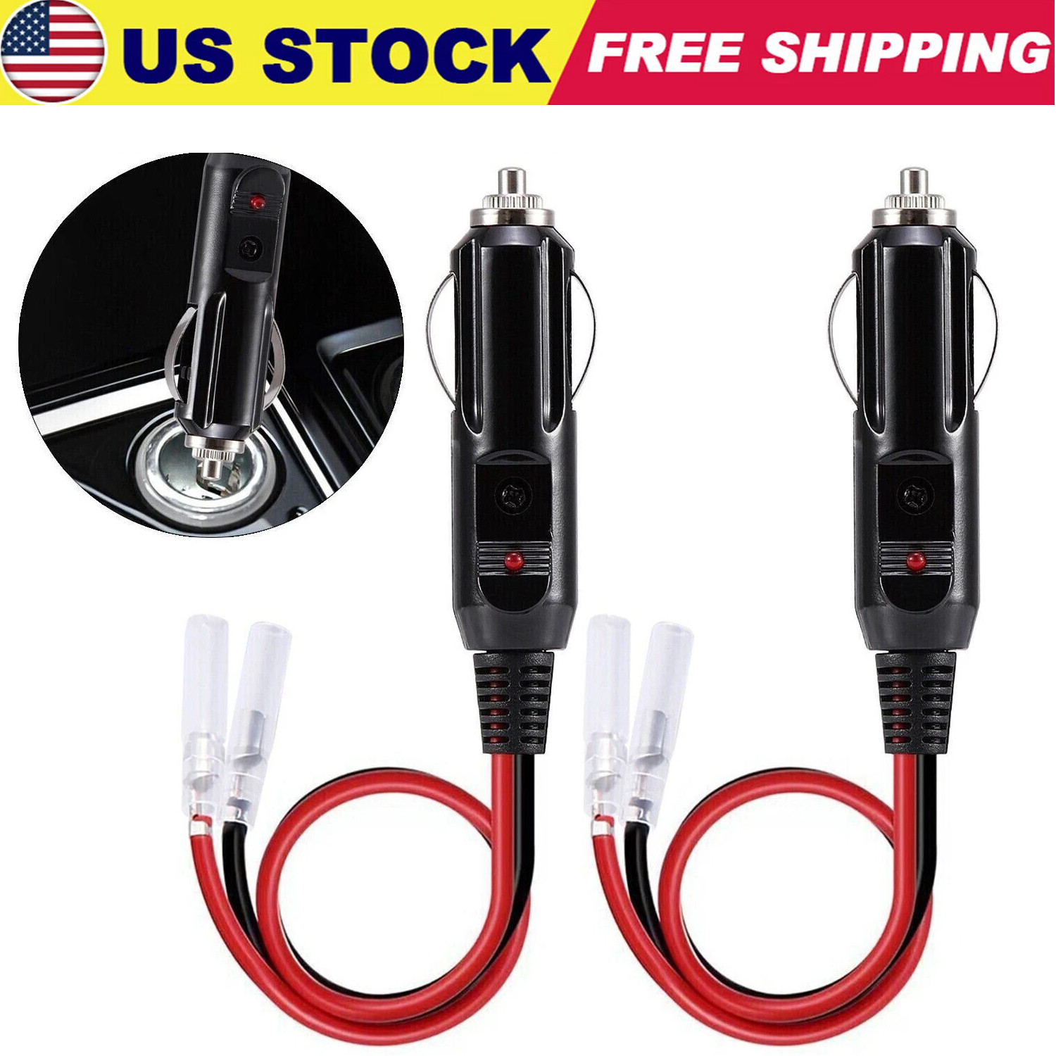 2&times; 12V Car Fused Cigarette Lighter Male Plug Replacement with Leads & LED Light