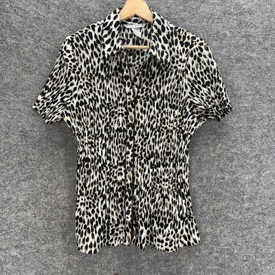 Fred David Shirt Women XL Black Animal Print Button Up Collared Short Sleeve