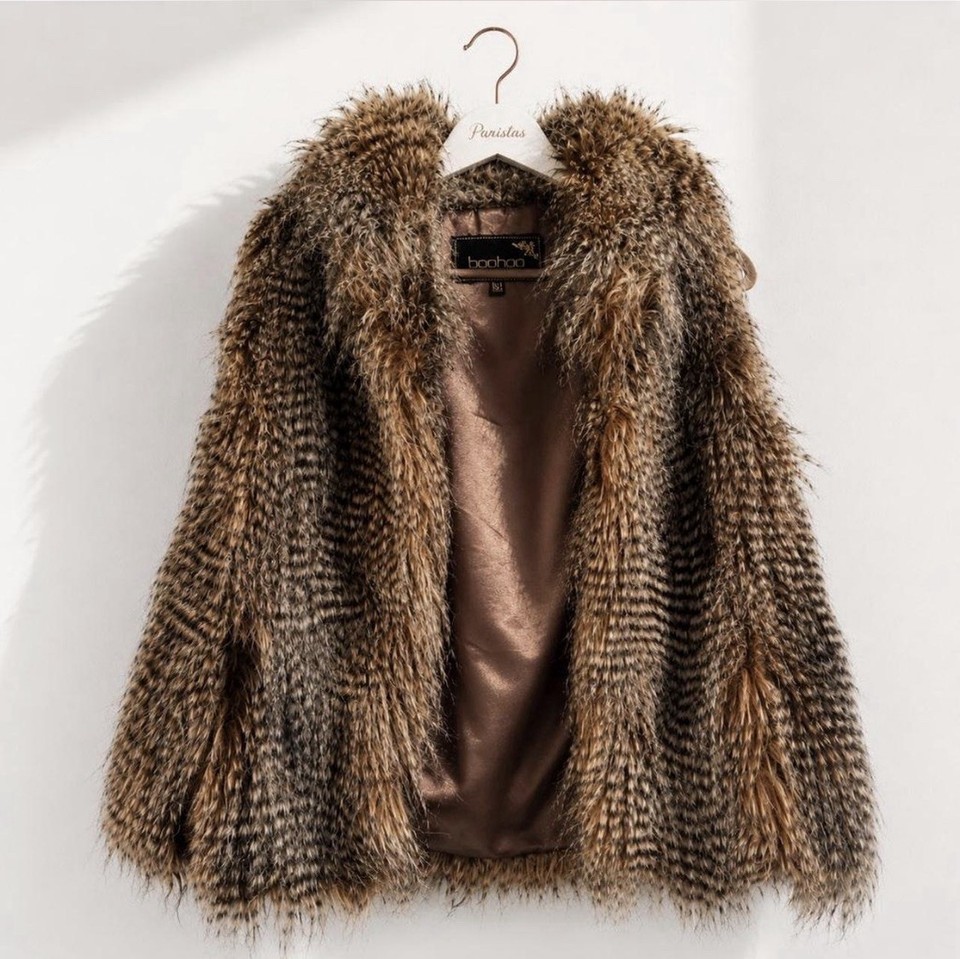 boohoo Womens Brown/Black Faux Fur Animal Print Lined Hook & Eye Jacket 14