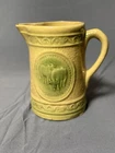 Antique Yellow Ware Animal Panel Pitcher Yellow Green Unmarked 8"