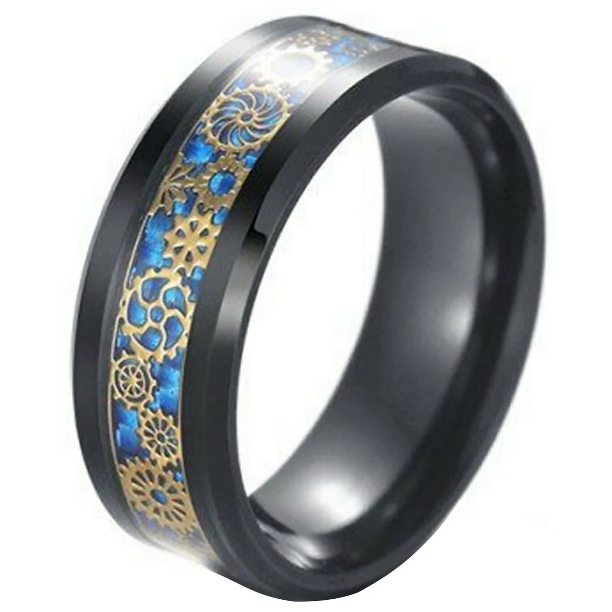 Blue Steampunk Gold Gear Ring Black Stainless Steel Mechanic Wedding Band